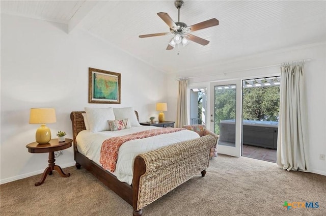 bedroom with lofted ceiling with beams, carpet flooring, access to outside, and ceiling fan