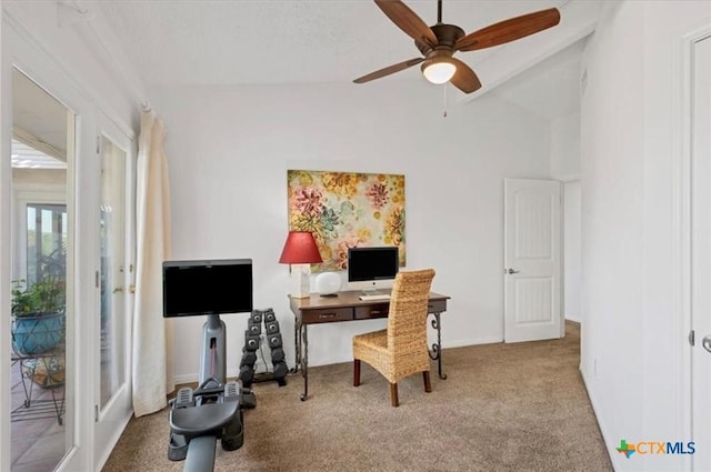 home office with lofted ceiling, baseboards, carpet flooring, and ceiling fan