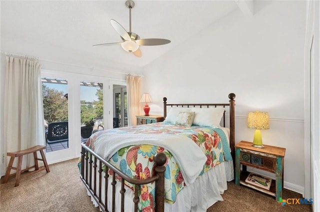 bedroom featuring carpet floors, vaulted ceiling, ceiling fan, and access to outside