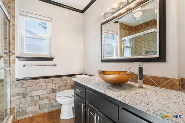 bathroom with vanity, crown molding, toilet, tile walls, and wood-type flooring