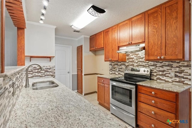 kitchen with sink, tasteful backsplash, crown molding, and stainless steel electric range