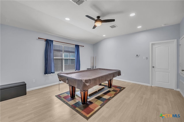 recreation room with light hardwood / wood-style floors, ceiling fan, lofted ceiling, and pool table