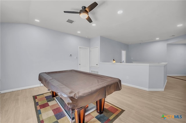 game room featuring ceiling fan, light hardwood / wood-style floors, and pool table