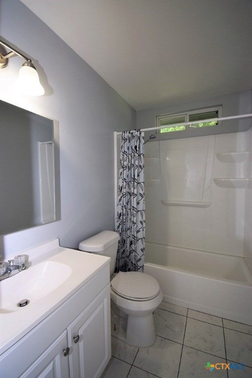 full bathroom with toilet, vanity, and shower / bath combination with curtain