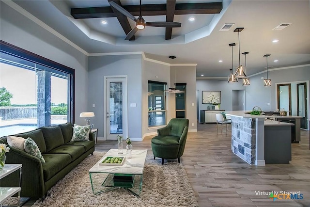 809 Reston Rd, Temple, TX 76502 - living room with coffered ceiling, a ceiling fan, light wood-style floors, recessed lighting, and baseboards
