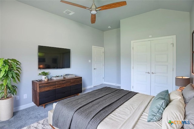 809 Reston Rd, Temple, TX 76502 - carpeted bedroom featuring baseboards, lofted ceiling, a closet, and ceiling fan