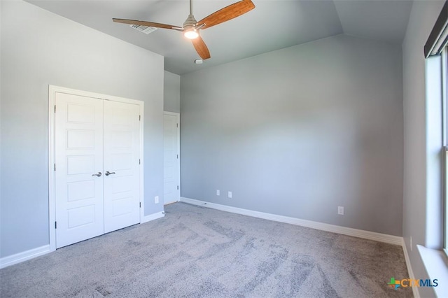 809 Reston Rd, Temple, TX 76502 - unfurnished bedroom featuring carpet floors, a closet, vaulted ceiling, baseboards, and ceiling fan