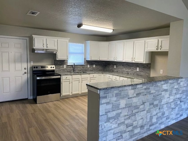 kitchen featuring kitchen peninsula, sink, stone counters, white cabinets, and stainless steel range with electric cooktop