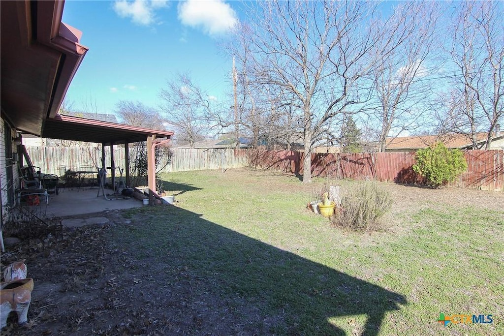 view of yard featuring a patio area and a fenced backyard