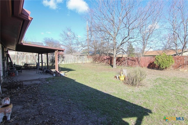 view of yard featuring a patio area and a fenced backyard