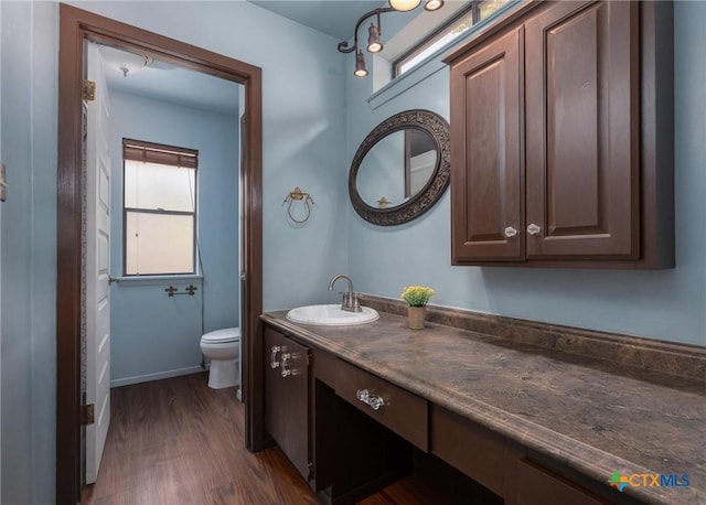 bathroom featuring vanity, wood-type flooring, and toilet