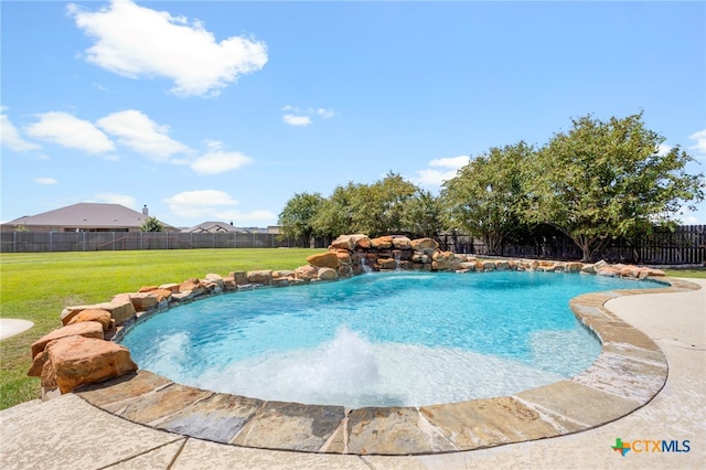 view of pool featuring a yard and pool water feature