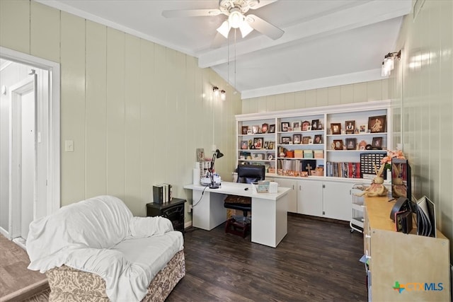 office with ceiling fan, dark hardwood / wood-style floors, wooden walls, and lofted ceiling with beams