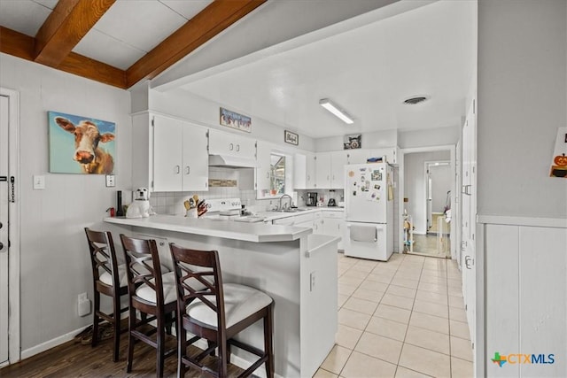 1415 Dove Ln, Seguin, TX 78155 - kitchen with freestanding refrigerator, a sink, stove, a peninsula, and under cabinet range hood