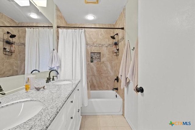1415 Dove Ln, Seguin, TX 78155 - bathroom with shower / bath combination with curtain, tile patterned floors, and double vanity