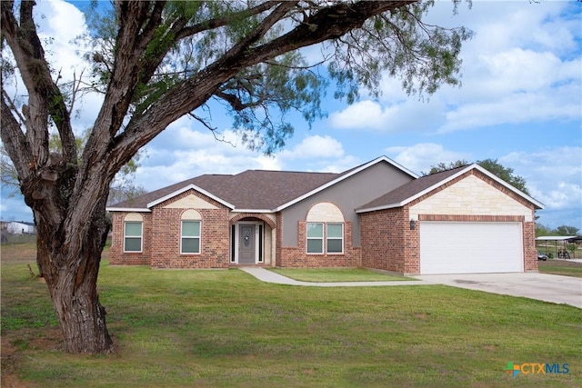 ranch-style home with a front yard and a garage