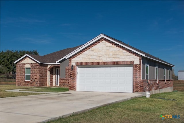 single story home featuring a garage and a front lawn