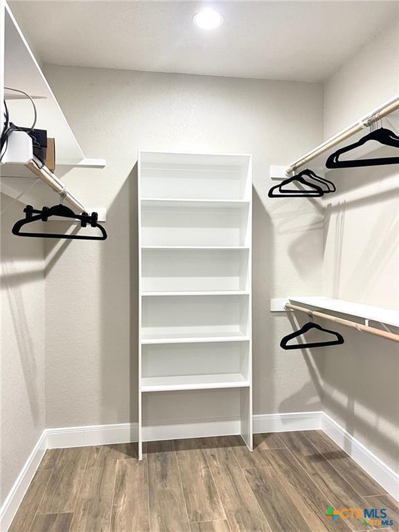 walk in closet with hardwood / wood-style floors