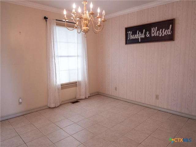 empty room featuring crown molding, light tile patterned flooring, a chandelier, baseboards, and visible vents