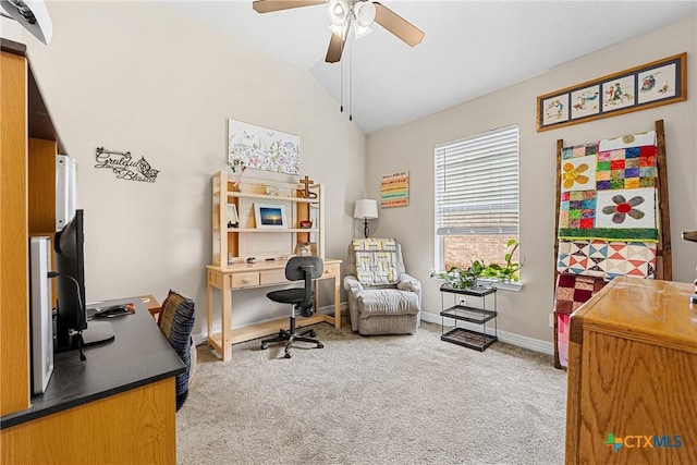 1907 Merlin Dr, Harker Heights, TX 76548 - office with carpet floors, vaulted ceiling, ceiling fan, and baseboards