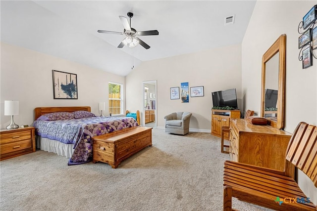 1907 Merlin Dr, Harker Heights, TX 76548 - bedroom featuring carpet flooring, lofted ceiling, ceiling fan, baseboards, and ensuite bath