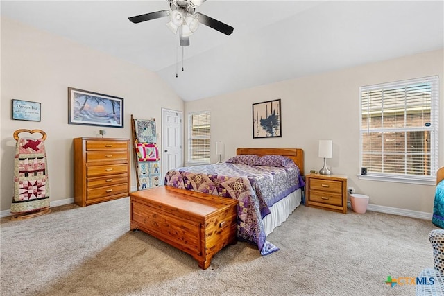 1907 Merlin Dr, Harker Heights, TX 76548 - bedroom featuring light colored carpet, lofted ceiling, baseboards, and a ceiling fan