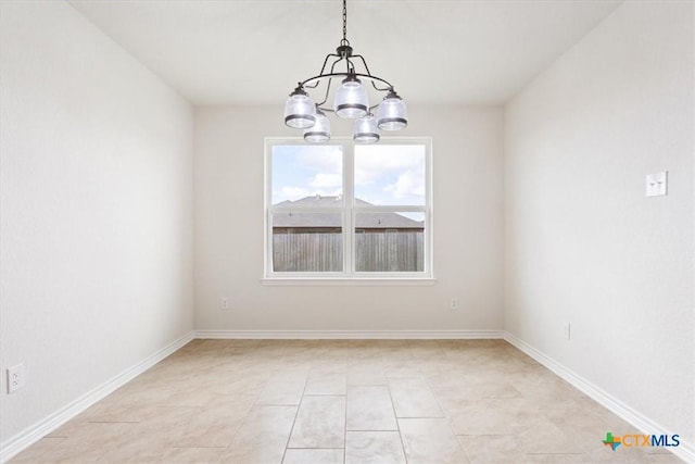 unfurnished dining area with light tile patterned floors and a chandelier