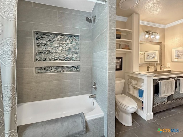 2237 Apache Dr, Harker Heights, TX 76548 - bathroom featuring toilet, tile patterned floors, ornamental molding, shower / bath combo, and vanity