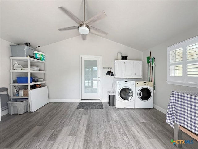 2237 Apache Dr, Harker Heights, TX 76548 - washroom featuring cabinet space, washer and clothes dryer, ceiling fan, and wood finished floors