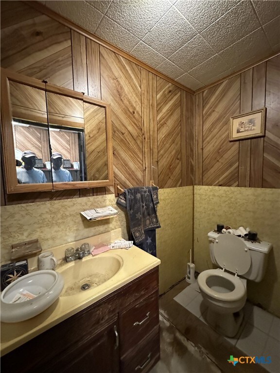 half bath with vanity, wooden walls, and toilet