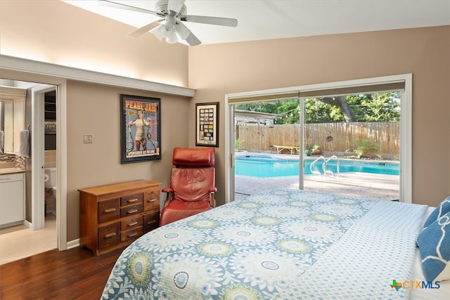 bedroom featuring access to outside, ceiling fan, and dark hardwood / wood-style floors