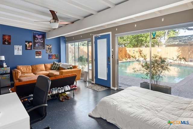 bedroom featuring access to exterior, beamed ceiling, multiple windows, and ceiling fan