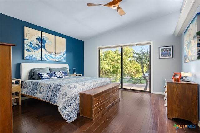 bedroom featuring vaulted ceiling, ceiling fan, dark hardwood / wood-style flooring, and access to outside