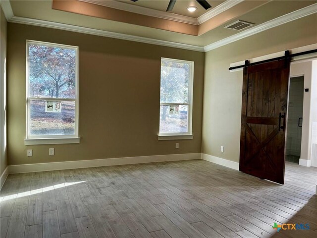 unfurnished room featuring a raised ceiling, a barn door, and light hardwood / wood-style flooring