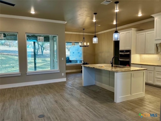 kitchen with light stone countertops, pendant lighting, white cabinetry, and a kitchen island with sink