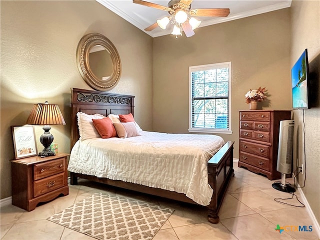 bedroom with ceiling fan, light tile patterned floors, and ornamental molding