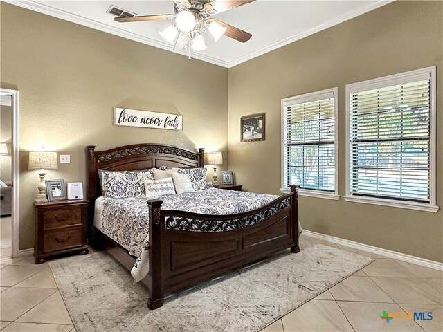 bedroom featuring light tile patterned flooring, ceiling fan, and ornamental molding