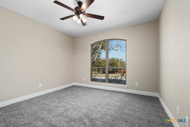 spare room with ceiling fan and carpet