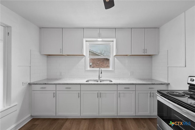 kitchen with tasteful backsplash, dark wood-style flooring, stainless steel range with electric stovetop, and a sink