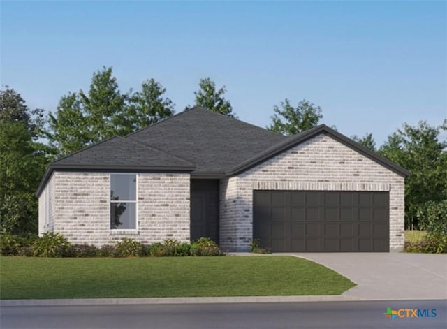 single story home featuring a front lawn and a garage