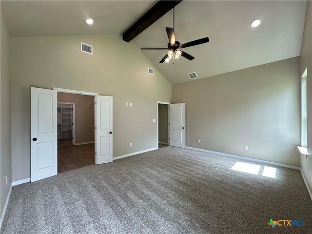 6132 Messina Dr, Temple, TX 76502 - unfurnished bedroom featuring carpet flooring, high vaulted ceiling, beam ceiling, a ceiling fan, and recessed lighting