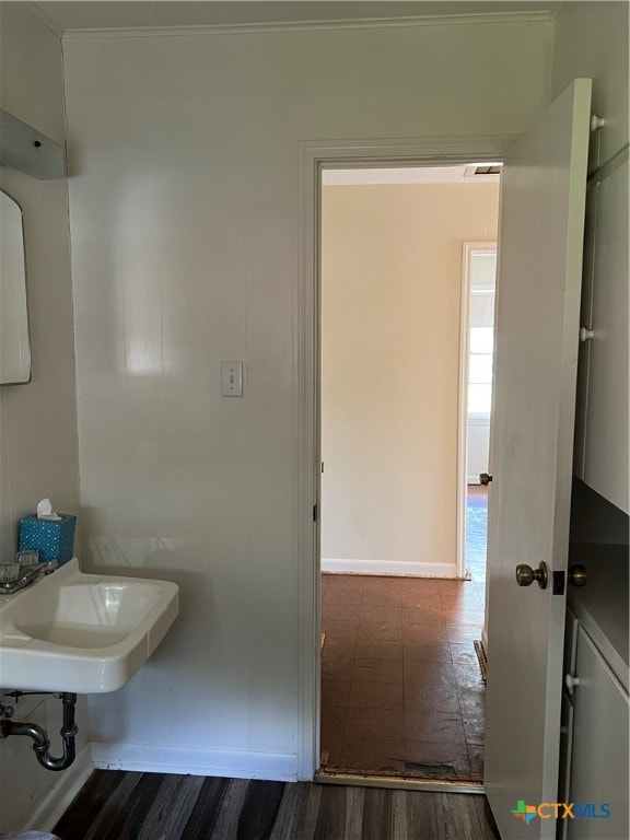 bathroom with wood-type flooring and sink