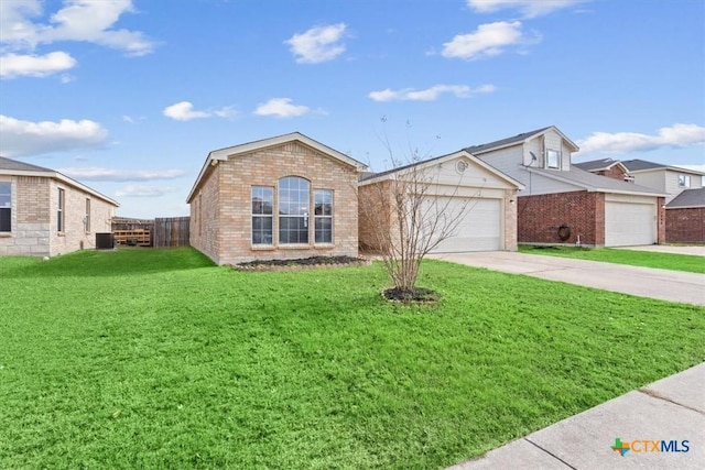 ranch-style house with central AC unit, a garage, and a front yard