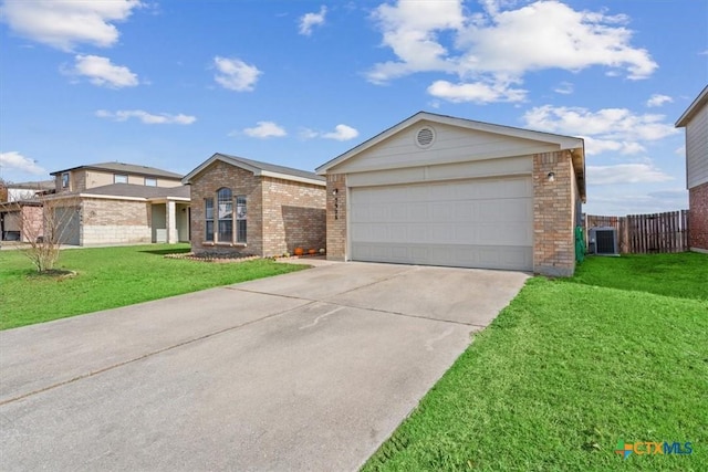 ranch-style home with a front lawn and central AC unit