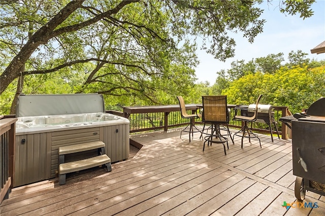 15118 Circle Oak St, San Antonio, TX 78232 - wooden deck featuring a hot tub and outdoor dining space