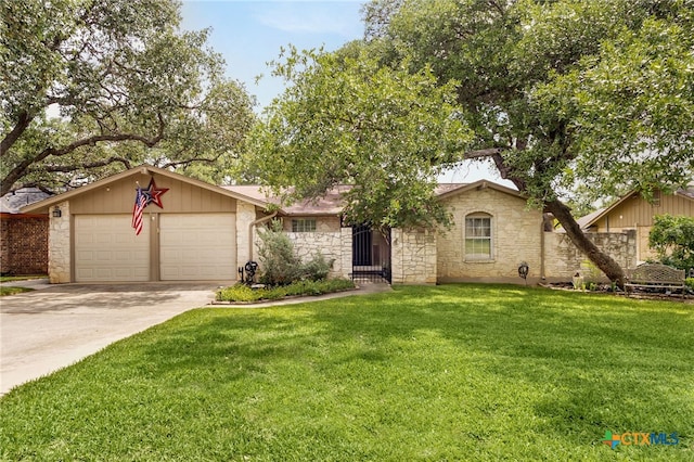 15118 Circle Oak St, San Antonio, TX 78232 - view of front facade with an attached garage, stone siding, concrete driveway, and a front yard