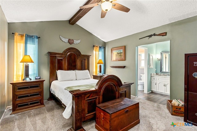 15118 Circle Oak St, San Antonio, TX 78232 - carpeted bedroom featuring a textured ceiling, ensuite bathroom, wood finished floors, and ceiling fan