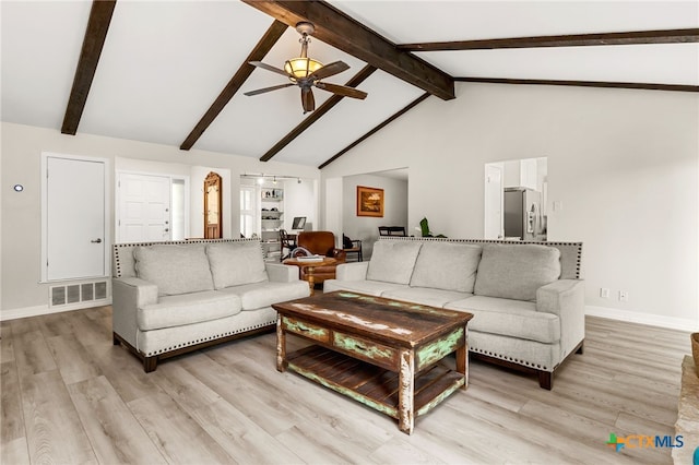 15118 Circle Oak St, San Antonio, TX 78232 - living area with a ceiling fan, light wood-style flooring, beamed ceiling, baseboards, and high vaulted ceiling