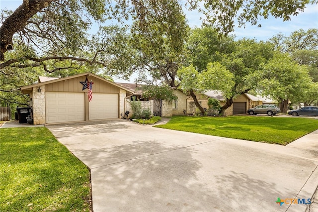 15118 Circle Oak St, San Antonio, TX 78232 - mid-century inspired home featuring a front yard, concrete driveway, board and batten siding, stone siding, and an attached garage