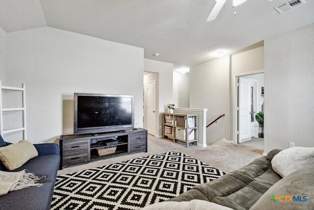 31696 Bard Ln, Bulverde, TX 78163 - carpeted living room featuring ceiling fan and lofted ceiling